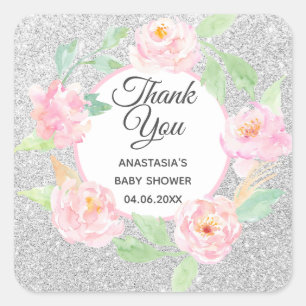 Silver & Pink Floral Wreath Thank You Baby Shower Square Sticker
