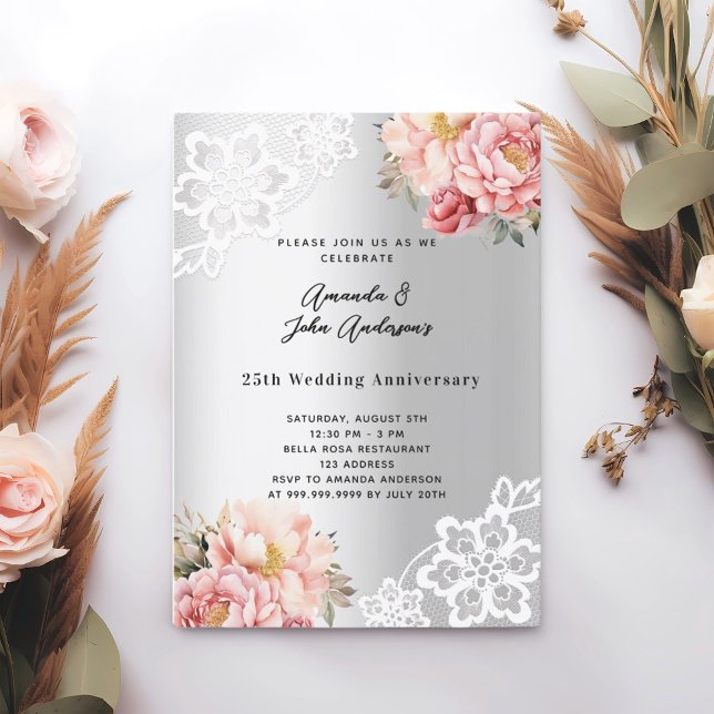 Silver pink florals 25th wedding anniversary invitation (Creator Uploaded)