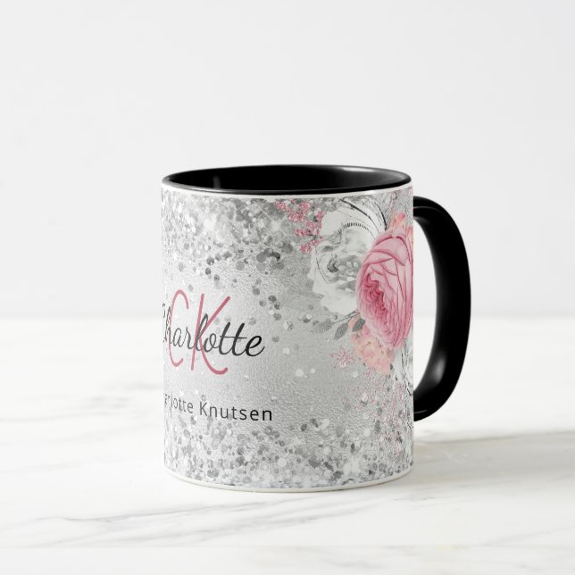 Silver pink florals elegant monogram name mug (Front Right)
