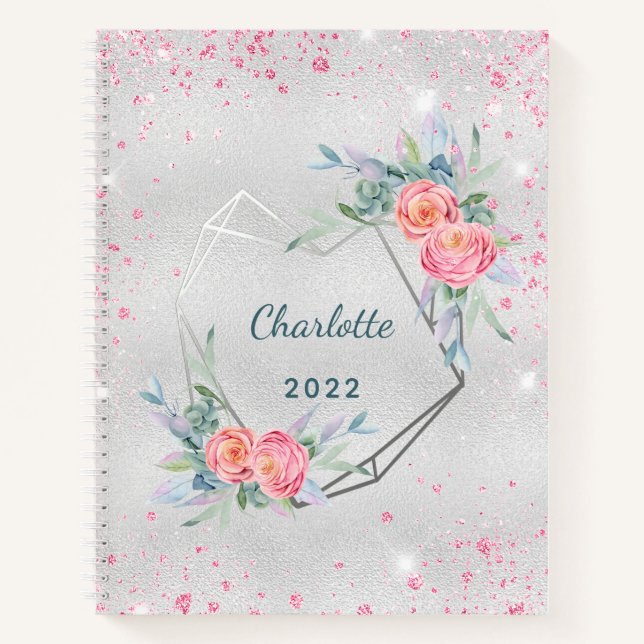 Silver pink florals glitter dust name diary notebook (Front)