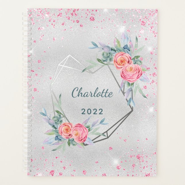 Silver pink florals glitter monogram  planner (Front)