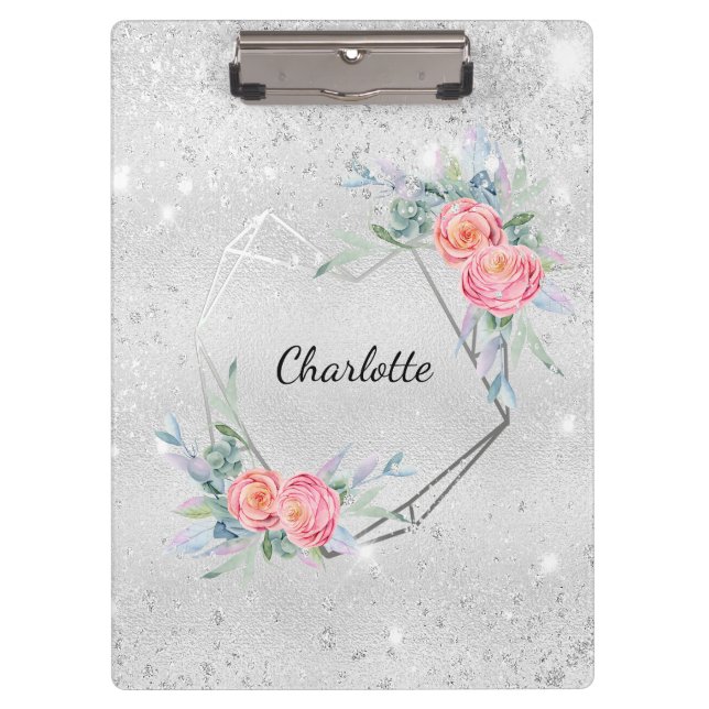 Silver pink florals glitter name clipboard (Front)