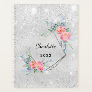 Silver pink florals glitter name elegant planner