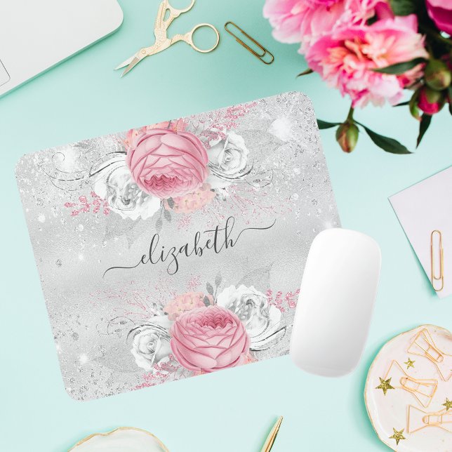 Silver pink flowers glitter name script mouse pad (Creator Uploaded)