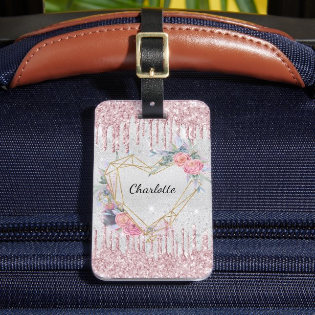 Silver pink flowers monogram name luggage tag (Front Insitu 2)