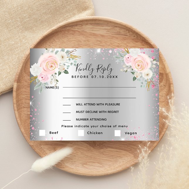 Silver pink flowers wedding menu RSVP (Creator Uploaded)