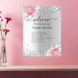 Silver pink flowers wedding program poster<br><div class="desc">A faux silver looking background. Decorated with faux silver sparkles and pink and white flowers,  roses.  If you need more space for text you can remove the flowers in the right corner.</div>