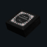 Silver Pink Frame Granddaughter Personalized Gift Box<br><div class="desc">This pretty gift box is appropriate for a granddaughter or a daughter. An ornate silver frame embellished with pink jewel images forms a circular middle for your custom text in silver. The image and the text are placed on a dramatic black background. Very elegant, personalized, and a keepsake she will...</div>