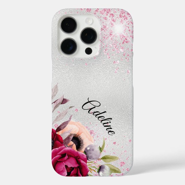 Silver pink glitter burgundy florals name script Case-Mate iPhone case (Back)