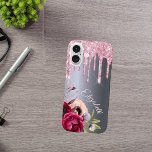 Silver pink glitter drips floral name script iPhone 16 case<br><div class="desc">Pink faux glitter drip,  paint drip look on a faux silver metallic looking background. Burgundy and rose gold coloured Flowers. Template for Your name.  The name in rose gold is written with a modern and trendy hand lettered style script.</div>