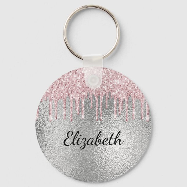 Silver pink glitter drips metal monogram name  keychain (Front)