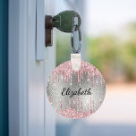 Silver pink glitter drips metal monogram name  keychain<br><div class="desc">A faux silver metallic looking background decorated with pink faux glitter drips,  paint dripping look. Personalize and add a name. The name is written with a modern hand letteredstyle script. Black colored letters.</div>