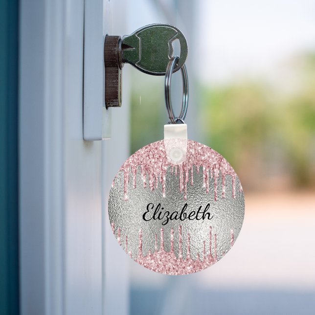 Silver pink glitter drips metal monogram name  keychain (Creator Uploaded)