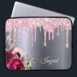 Silver pink glitter drips metallic floral name laptop sleeve<br><div class="desc">Pink faux glitter drip,  paint drip look on a faux silver metallic looking background. Burgundy and rose gold coloured Flowers. Template for Your name.  The name in rose gold is written with a modern and trendy hand lettered style script.</div>