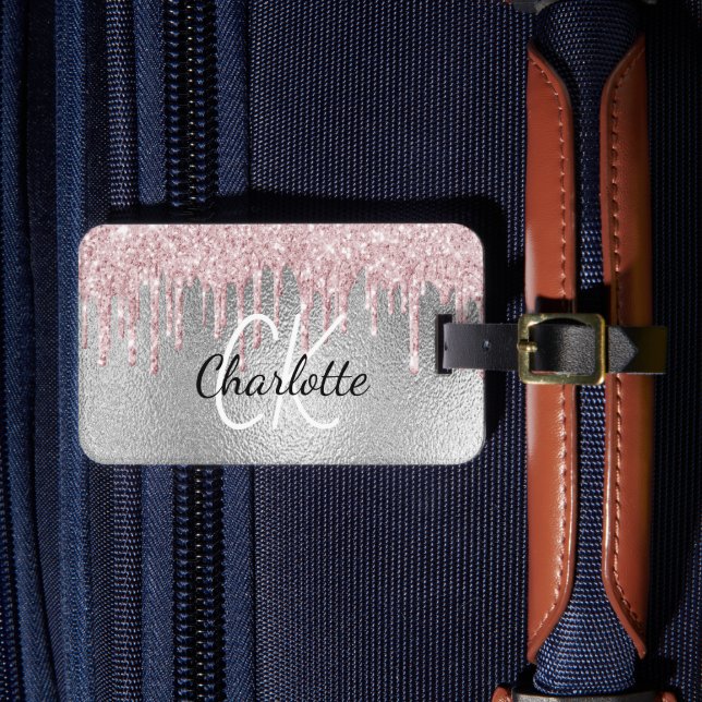 Silver pink glitter drips monogram luggage tag (Front Insitu 4)