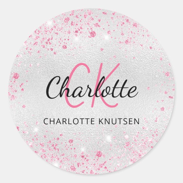 Silver pink glitter dust monogram initials name classic round sticker (Front)