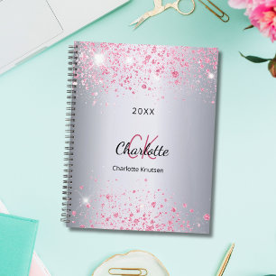 Silver pink glitter dust name monogram 2022 planner