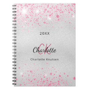 Silver pink glitter dust name monogram metal notebook