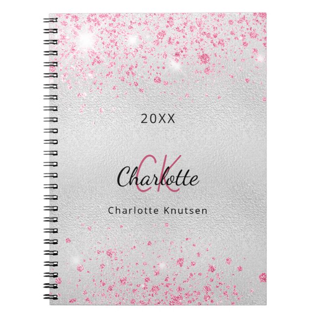 Silver pink glitter dust name monogram metal notebook (Front)