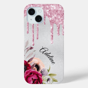 Silver pink glitter flowers name  iPhone 15 case