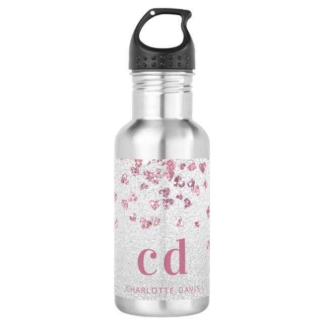 Silver pink glitter hearts monogram initials 532 ml water bottle (Front)