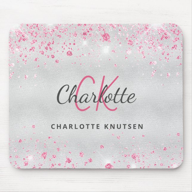 Silver pink glitter monogram name mouse pad (Front)