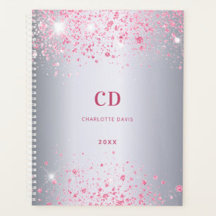 Silver pink glitter monogram name planner