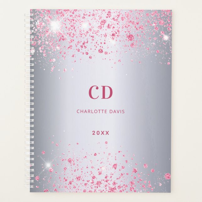 Silver pink glitter monogram name planner (Front)