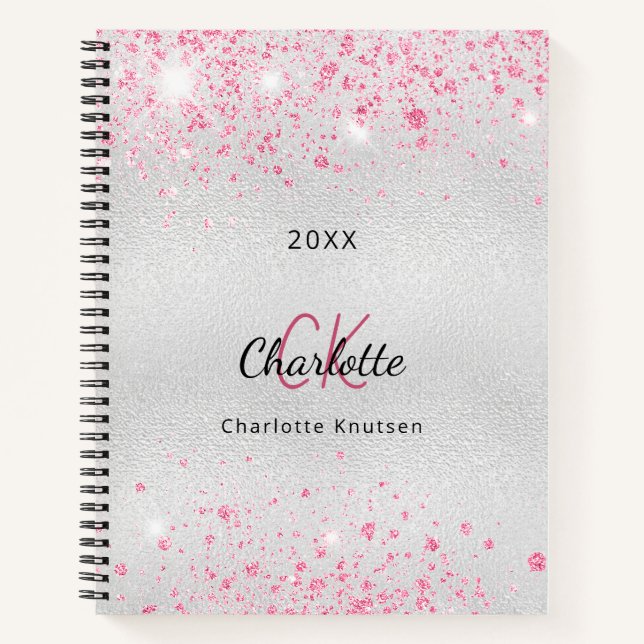 Silver pink glitter name monogram notebook (Front)