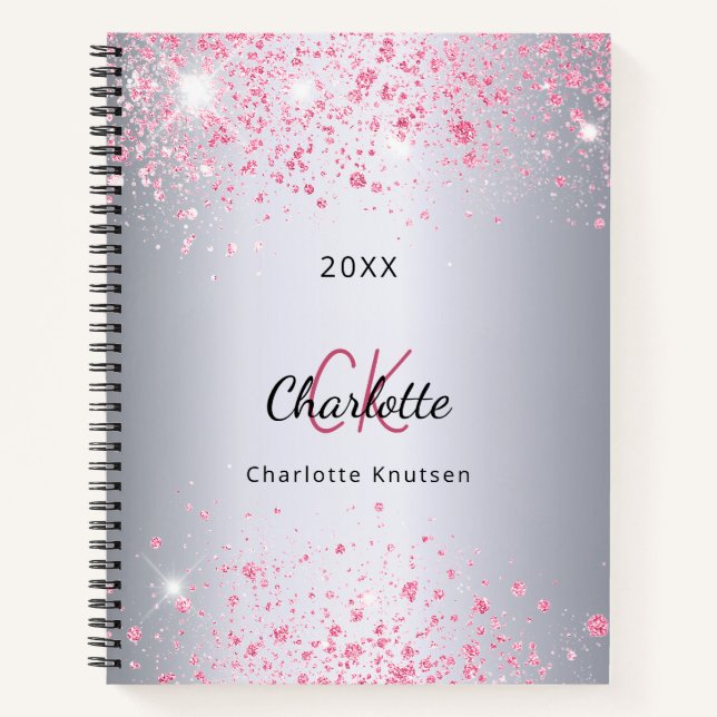 Silver pink glitter name monogram  notebook (Front)
