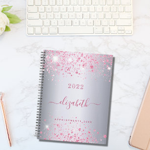 Silver pink glitter name monogram script 2026 planner
