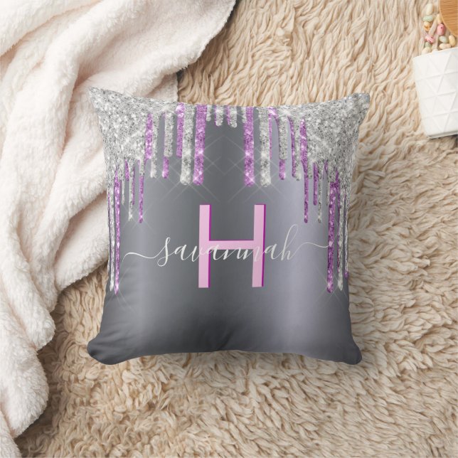 Silver pink glitter purple sparkle script name throw pillow (Blanket)