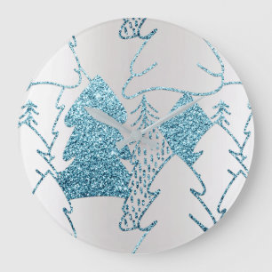 Silver Pink Glitter Winter Metallic Blue Holidays Large Clock