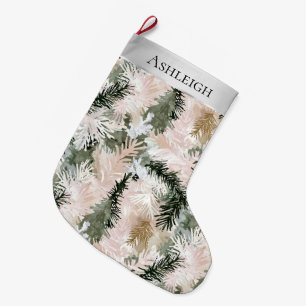 Silver Pink Green Christmas Tree Branches Large Christmas Stocking