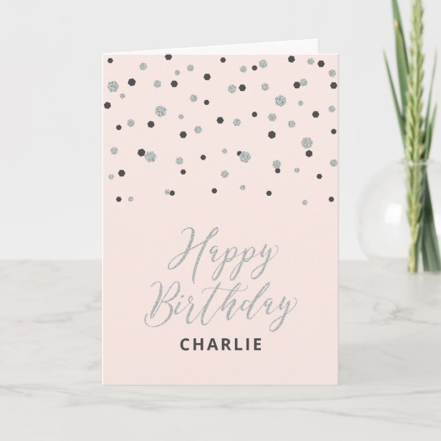 Silver & Pink Happy Birthday Custom Name Greeting Card (Front)