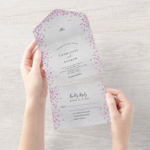 Silver pink hearts elegant wedding all in one invitation