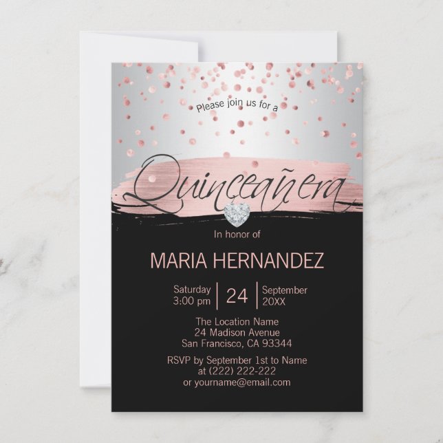 Silver Pink Rose Gold Foil Black QUINCEANERA 15 Invitation (Front)
