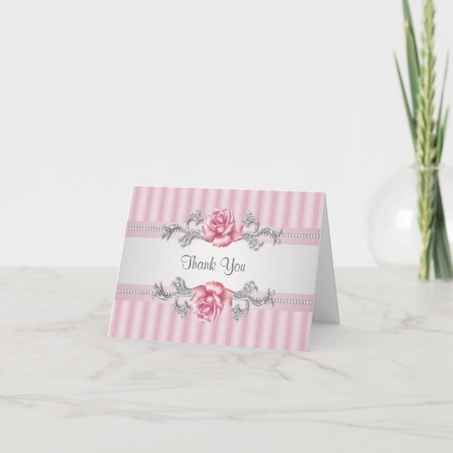 Silver Pink Rose Thank You Cards (Front)
