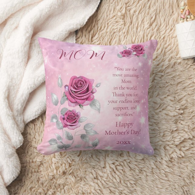 Silver Pink Roses and Leaves Sparkling Mom's Throw Pillow (Blanket)