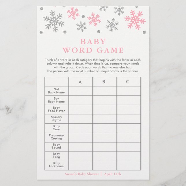 Silver-Pink Snowflake Baby Shower Word Game Card (Front)