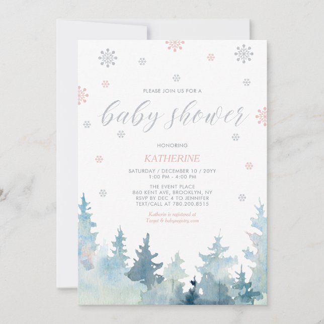 Silver & Pink Snowflake Winter Forest Baby Shower Invitation (Front)