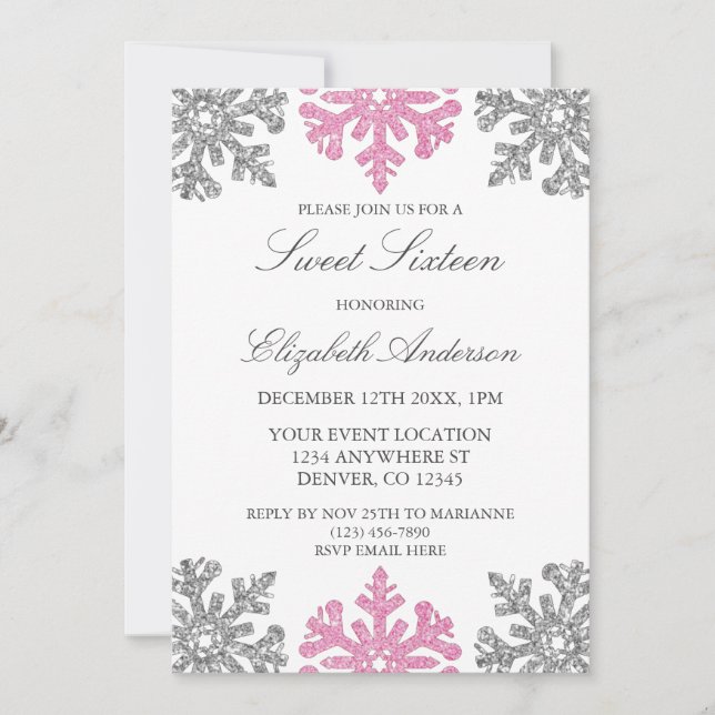 Silver Pink Snowflake Winter Sweet 16 Invitation (Front)