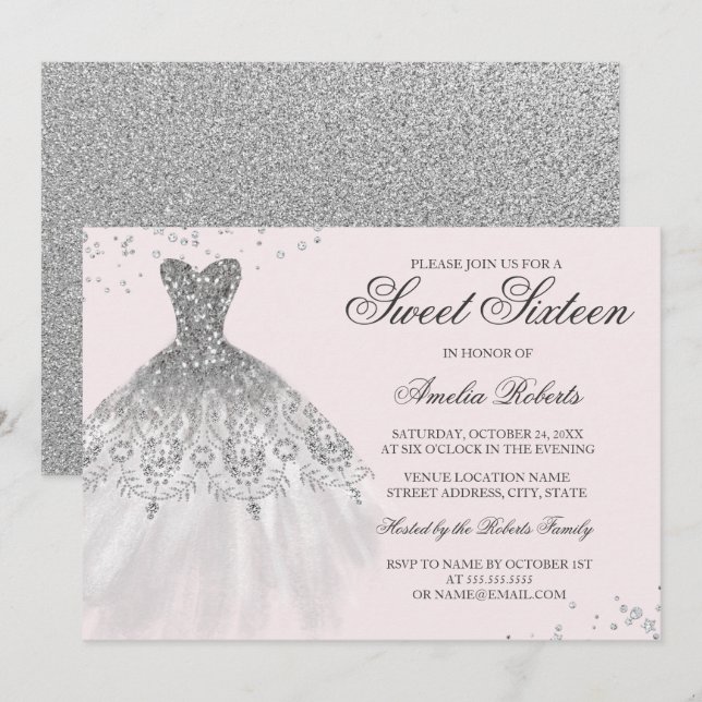 Silver Pink Sparkle Dress Sweet Sixteen Invitation (Front/Back)