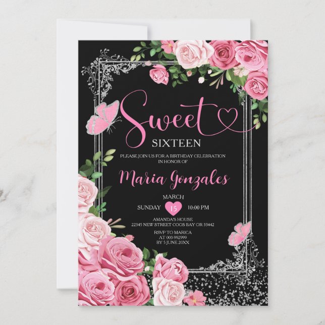 Silver Pink Sweet Sixteen 16th Girl Birthday Party Invitation (Front)