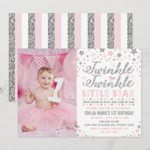 Silver & Pink Twinkle Little Star Birthday Invite