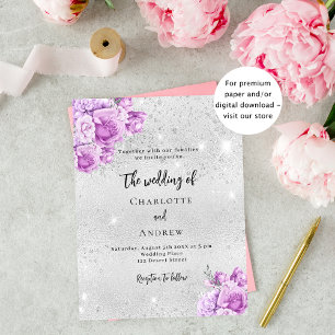Silver pink violet budget wedding invitation