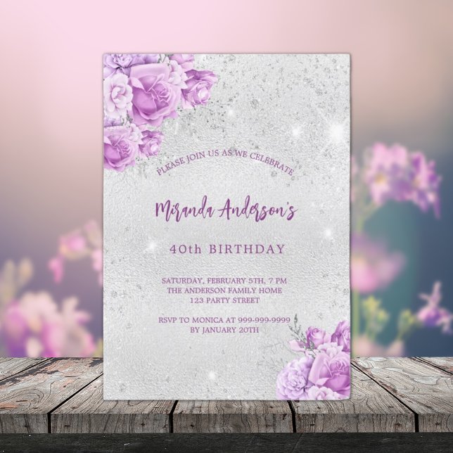 Silver pink violet flowers birthday invitation (Creator Uploaded)