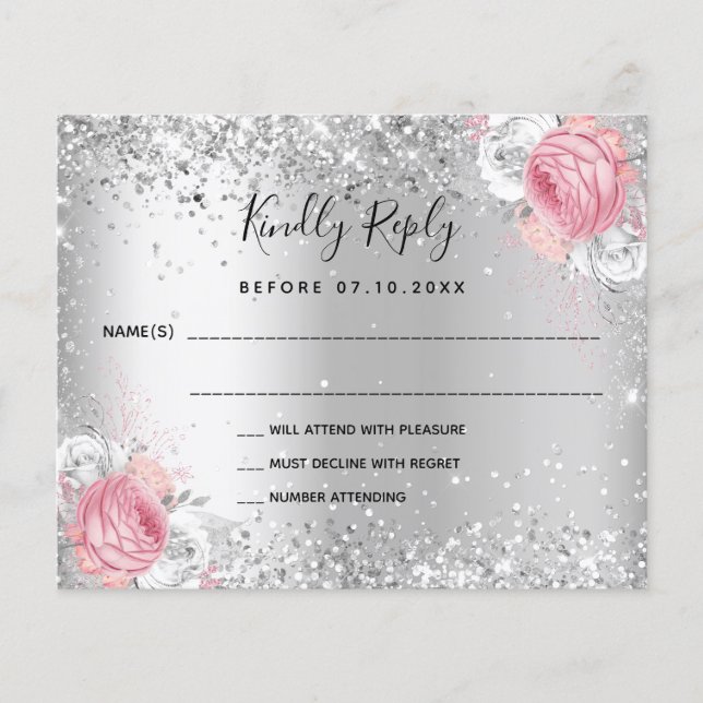 Silver pink white floral glitter wedding RSVP card (Front)