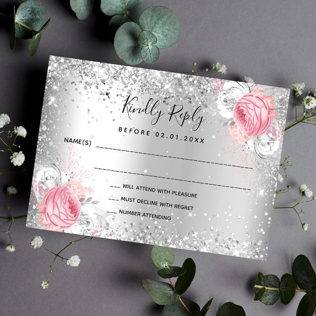 Silver pink white florals glitter wedding RSVP Card (Creator Uploaded)