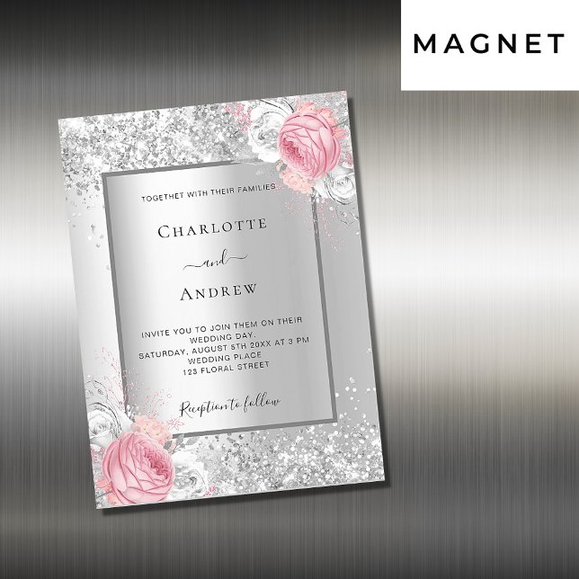Silver pink white florals luxury wedding magnetic invitation (Creator Uploaded)